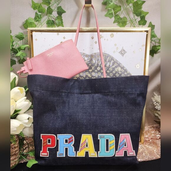 NWOT Prada Denim Logo Patch Tote W/ Pouchette, Dust Bag And COA - Picture 2 of 16
